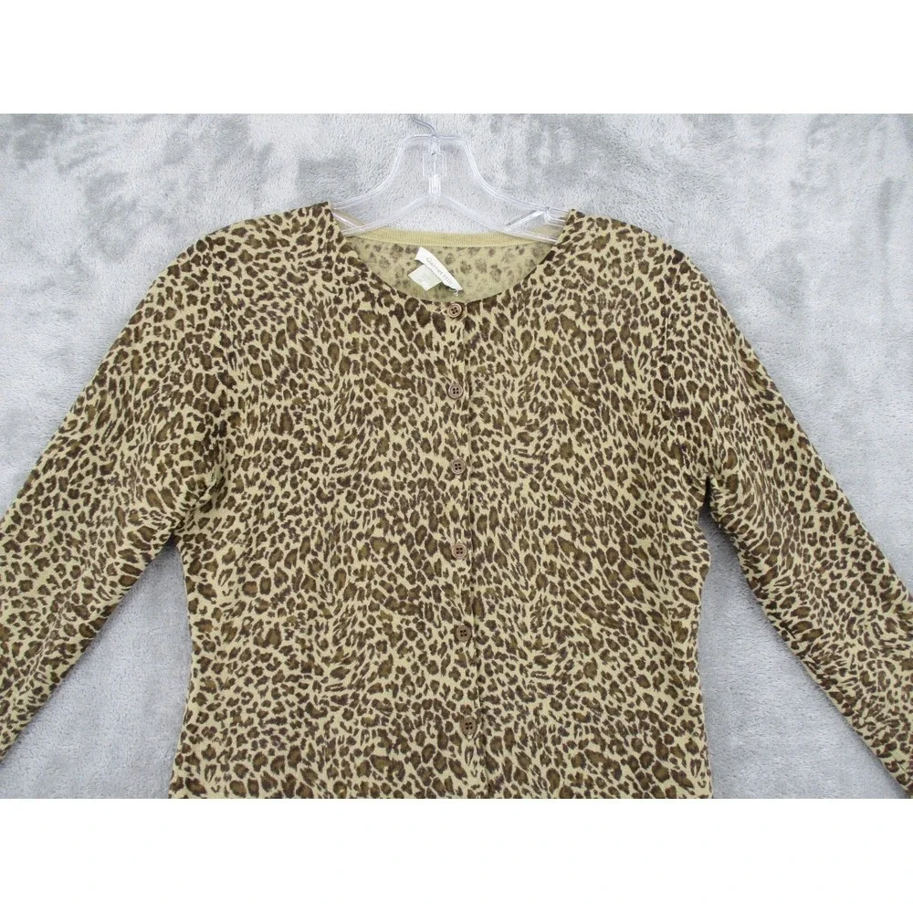 Garnet Hill Sweater XS Cardigan Merino Wool Animal Print Button Front Statement